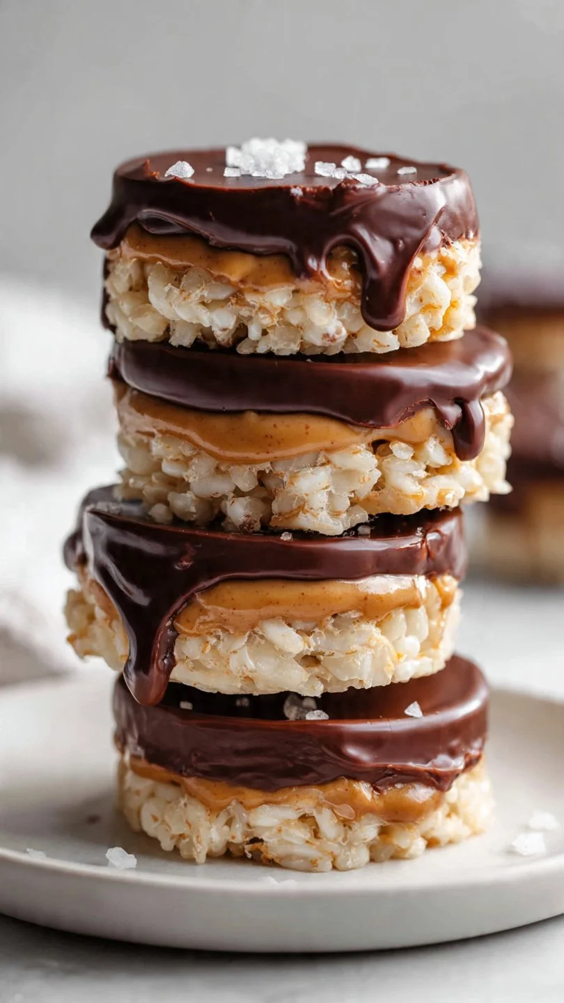 Chocolate Peanut Butter Rice Cakes stacked on a plate, topped with chocolate drizzle.