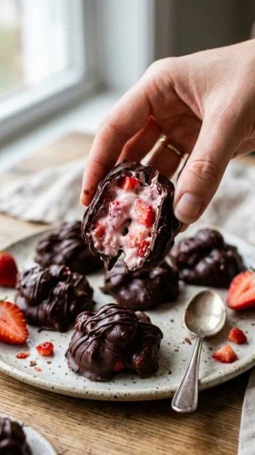 Chocolate Strawberry Yogurt Clusters in a bowl with fresh strawberries