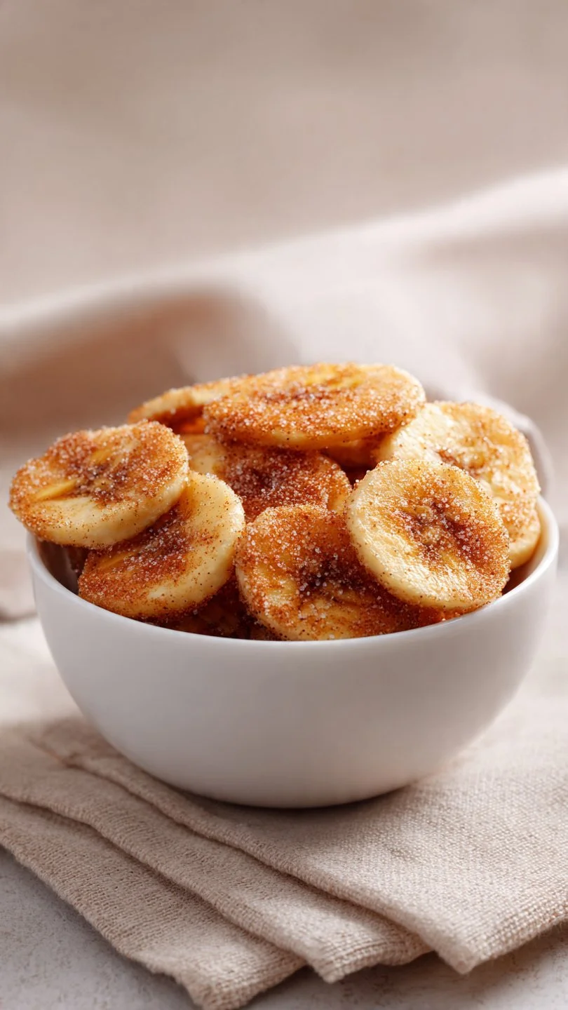 Homemade air fryer banana chips topped with cinnamon sugar