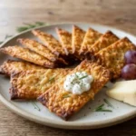 Delicious homemade cottage cheese crackers on a wooden plate
