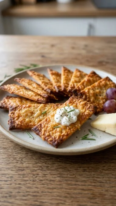 Delicious homemade cottage cheese crackers on a wooden plate