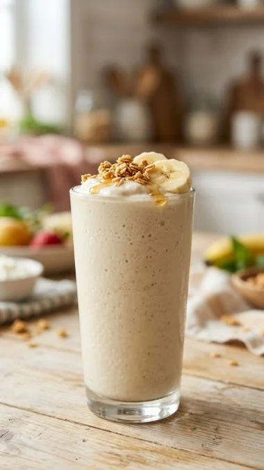 Cottage cheese protein shake in a glass with fresh fruit topping