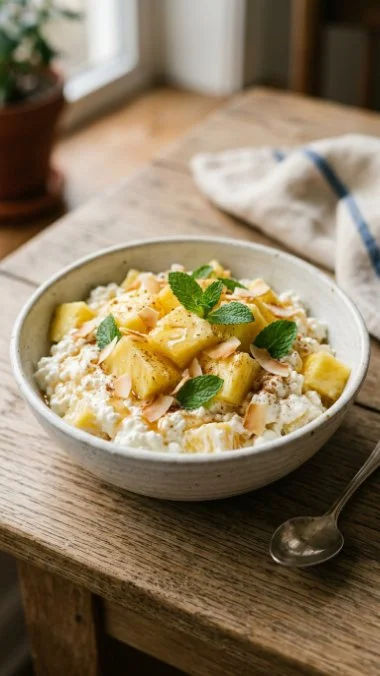 Cottage cheese with pineapple salad served in a bowl, garnished with mint.