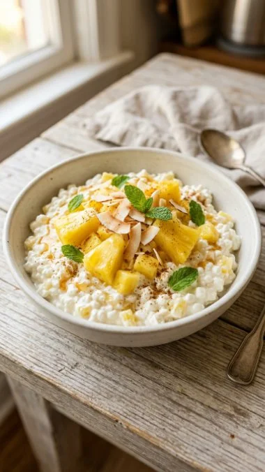 Cottage Cheese with Pineapple Salad in a bowl, garnished with mint leaves.