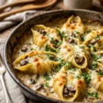 Creamy Garlic Mushroom Stuffed Shells topped with herbs and cheese