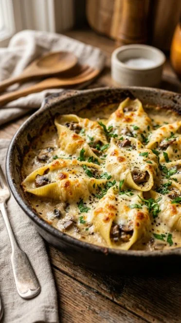 Creamy Garlic Mushroom Stuffed Shells topped with herbs and cheese
