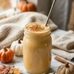 Creamy pumpkin protein smoothie in a glass topped with spices