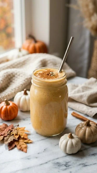 Creamy pumpkin protein smoothie in a glass topped with spices
