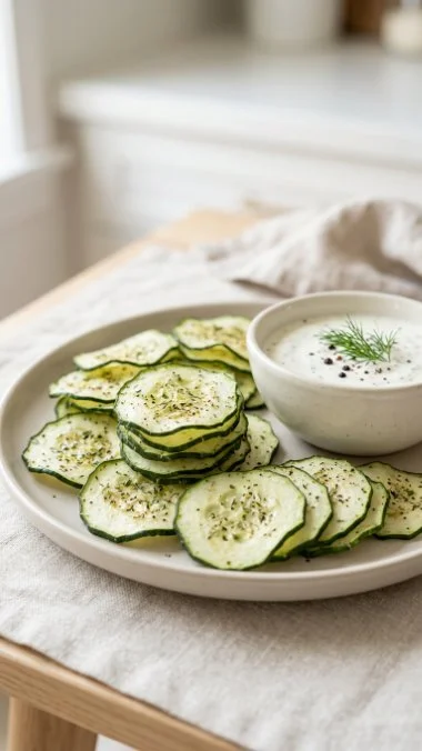 Homemade crunchy ranch cucumber chips on a plate