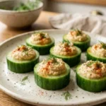 Cucumber hummus bites served on a rustic plate with fresh herbs and spices.