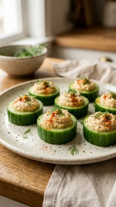 Cucumber hummus bites served on a rustic plate with fresh herbs and spices.