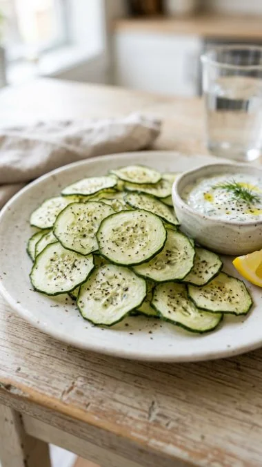 Healthy homemade cucumber chips served as a crunchy snack