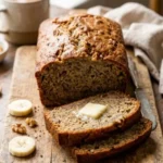 Loaf of easy and healthy banana bread on a wooden cutting board.