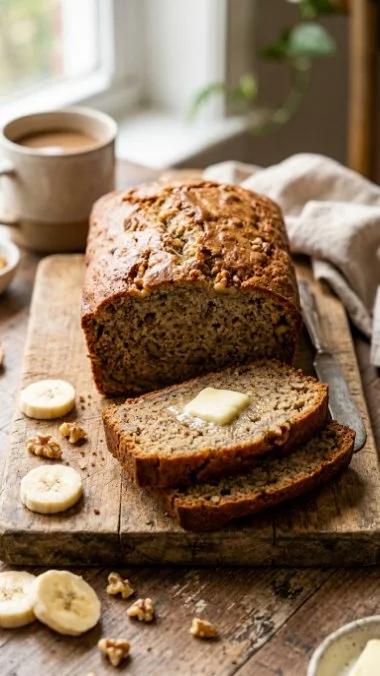 Loaf of easy and healthy banana bread on a wooden cutting board.