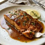 Plate of easy baked honey garlic salmon with vegetables