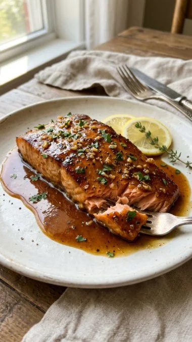 Plate of easy baked honey garlic salmon with vegetables