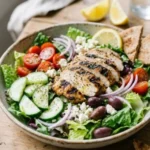 Delicious Greek Chicken Salad served with fresh ingredients and a healthy dressing