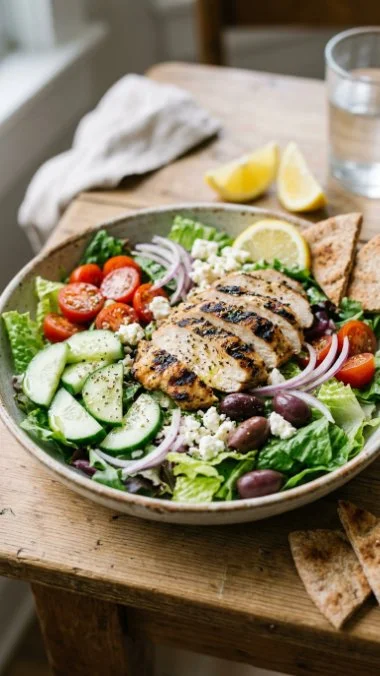Delicious Greek Chicken Salad served with fresh ingredients and a healthy dressing