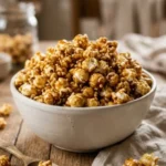 Bowl of easy homemade caramel corn, a sweet and crunchy snack.