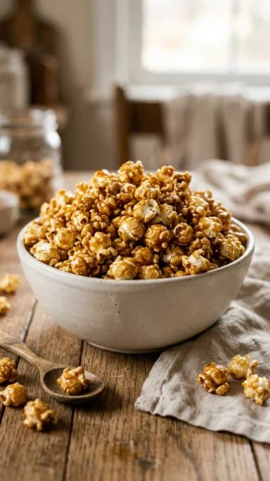 Bowl of easy homemade caramel corn, a sweet and crunchy snack.