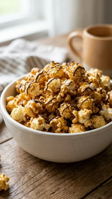 Bowl of easy homemade caramel popcorn with a crunchy, sweet texture