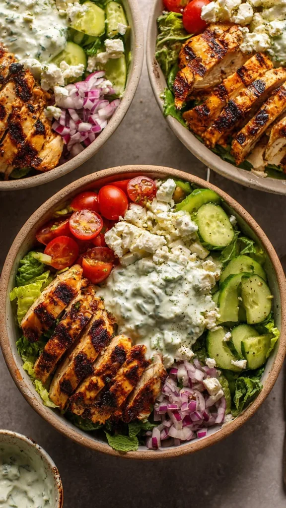Delicious Greek Chicken Bowl with fresh vegetables and rice