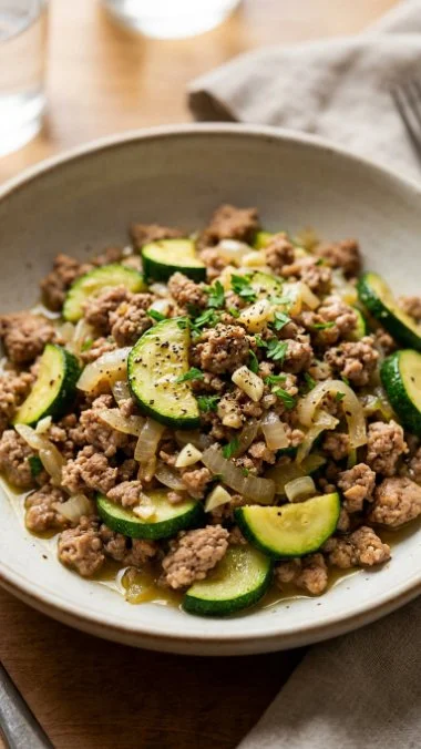 Ground Turkey and Zucchini Skillet dish showcasing vibrant vegetables and turkey