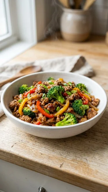 Ground turkey stir fry with broccoli served in a colorful bowl