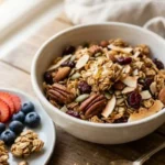 Healthy granola recipe featuring oats, nuts, and dried fruit in a bowl