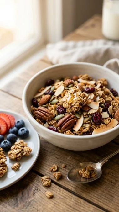 Healthy granola recipe featuring oats, nuts, and dried fruit in a bowl
