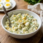 Healthy Greek yogurt egg salad served in a bowl with fresh vegetables