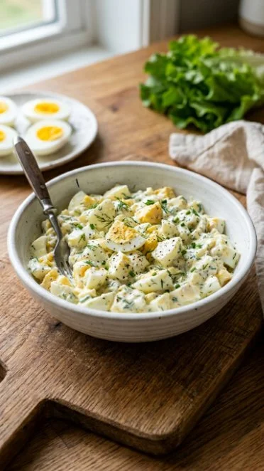 Healthy Greek yogurt egg salad served in a bowl with fresh vegetables