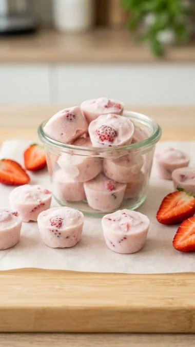 Healthy strawberry yogurt bites snack in a bowl