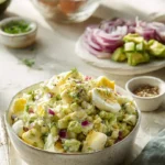 Herby avocado egg salad served in a bowl with fresh herbs.