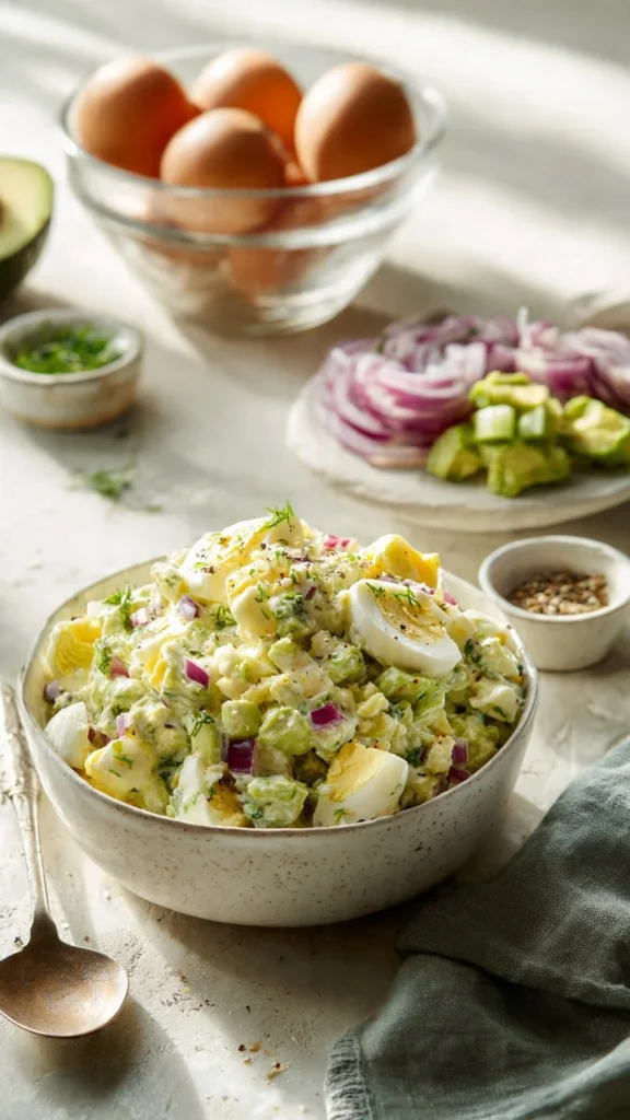 Herby avocado egg salad served in a bowl with fresh herbs.