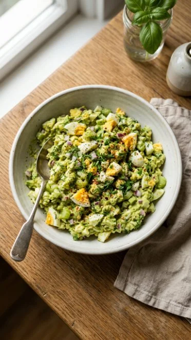 High protein avocado egg salad with ingredients in a bowl