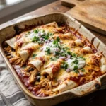 High protein chicken enchiladas fresh out of the oven topped with cheese and herbs.