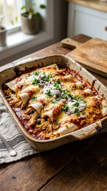 High protein chicken enchiladas fresh out of the oven topped with cheese and herbs.