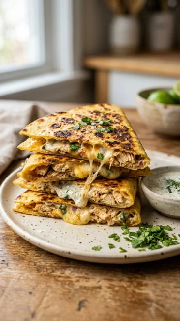 High-protein chicken ranch quesadilla with melted cheese and fresh ingredients