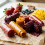Homemade fruit roll ups made from fresh fruit and natural ingredients.