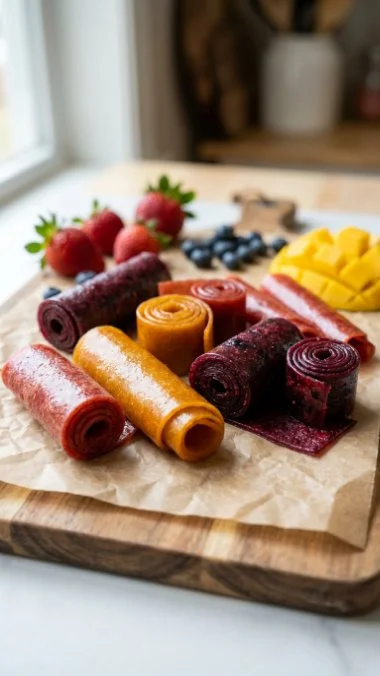 Homemade fruit roll ups made from fresh fruit and natural ingredients.