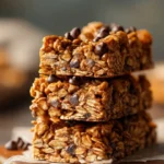 Homemade no-bake granola bars stacked on a wooden table