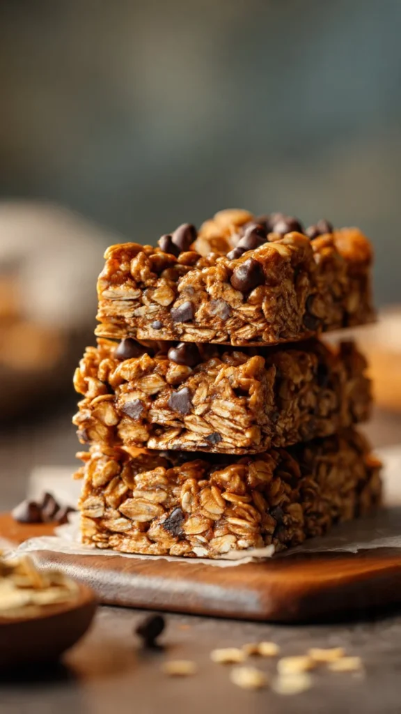 Homemade no-bake granola bars stacked on a wooden table