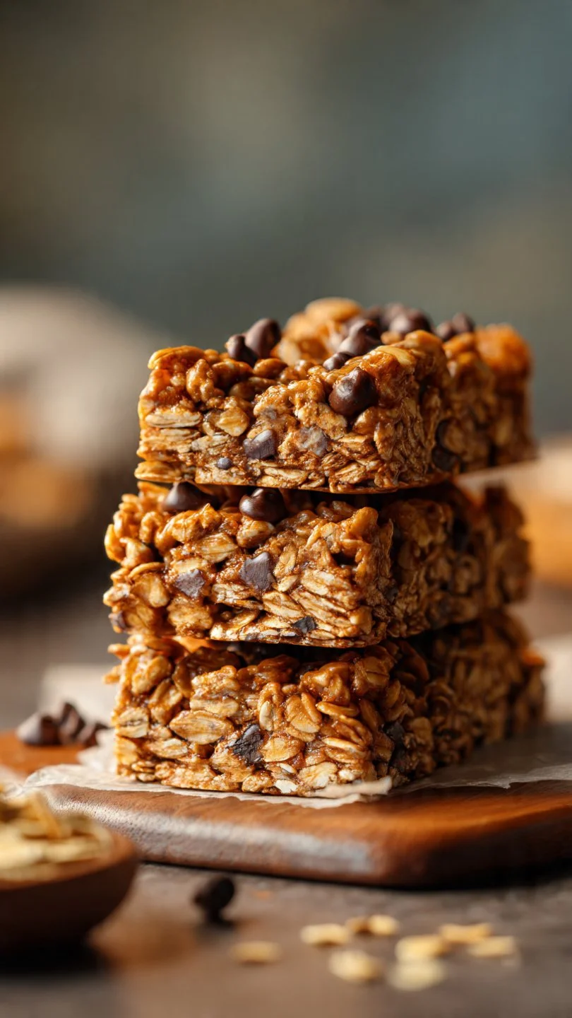 Homemade no-bake granola bars stacked on a wooden table