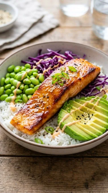Delicious honey glazed salmon rice bowl with colorful vegetables