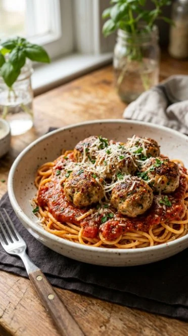 Delicious Italian Style Baked Turkey Meatballs served with marinara sauce