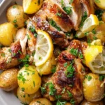 Lemon Balsamic Chicken served with roasted potatoes on a plate
