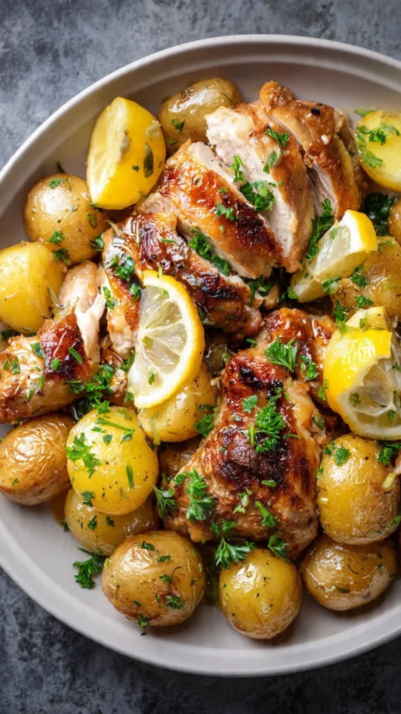 Lemon Balsamic Chicken served with roasted potatoes on a plate