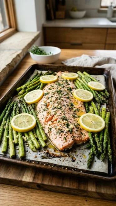 Lemon Garlic Herb Salmon served with fresh asparagus on a plate