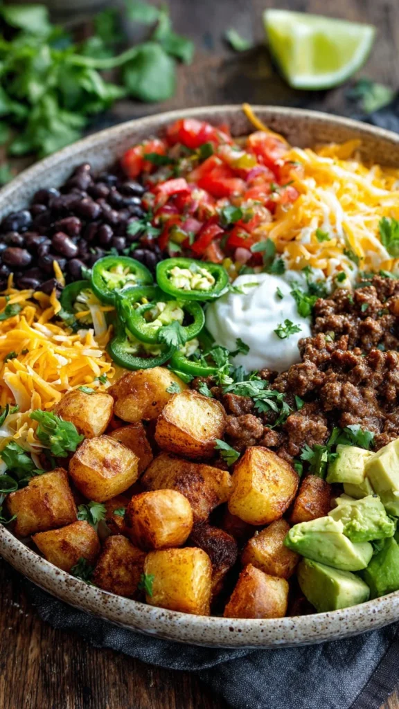 Loaded Potato Taco Bowl with crispy potatoes and fresh toppings